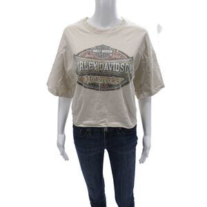 Riley Women Cropped Graphic Biker T Shirt Beige Crew Neck Short Sleeve Size L